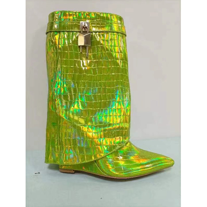 Dame Krokodille-læder-over-knæet Fashion Støvler med metallic-finish Stilla
