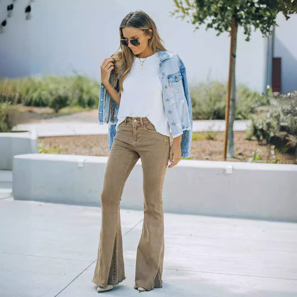 Dame udvidede jeans i vintage stil med høj talje Skovae