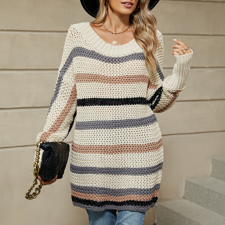Dame afslappet OVERSTØRRELSE strikpullover med unikt struktureret design og farverige blokstriber Stilla