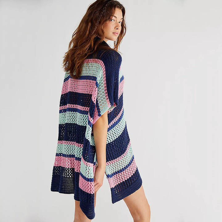 Dame strik strand poncho med modige kontraststriber Stilla