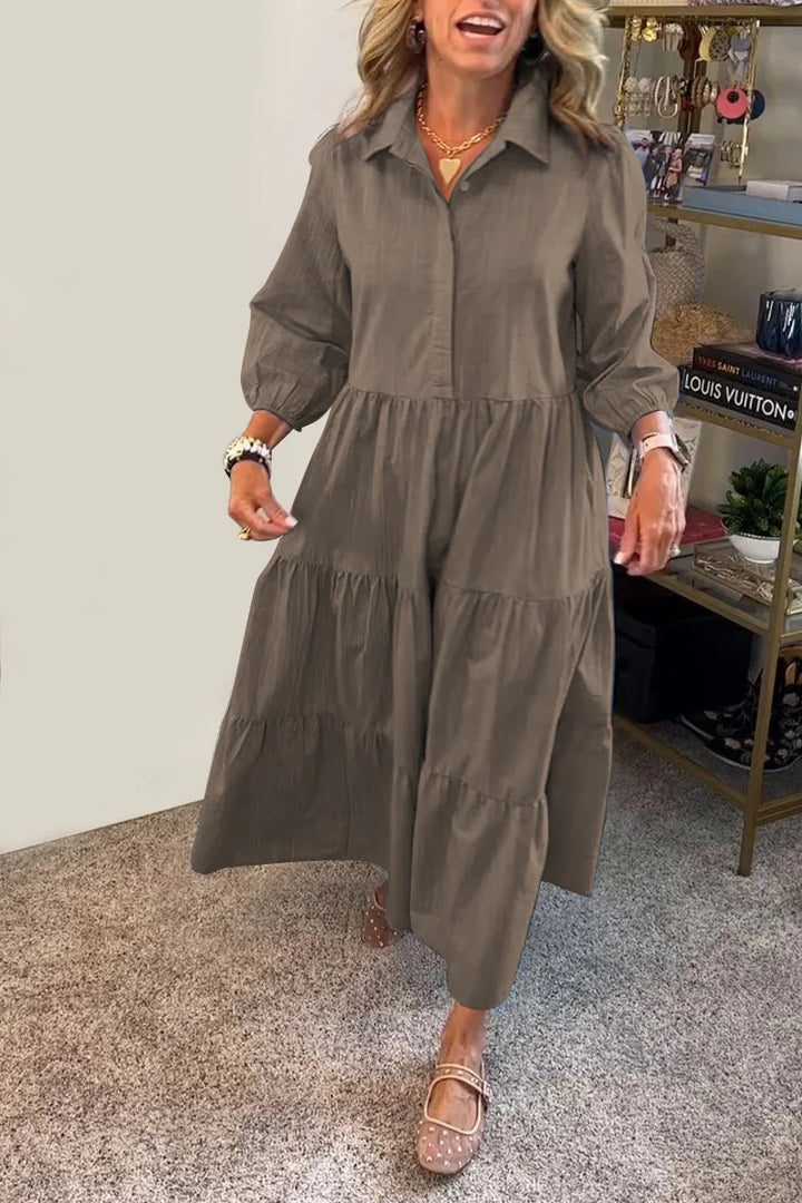 Dame Langærmet Skjortekjole med voluminøse Ruffles Detaljer Stilla