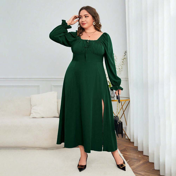 Dame elegant maxikjole med dyb split og puffærmer Stilla