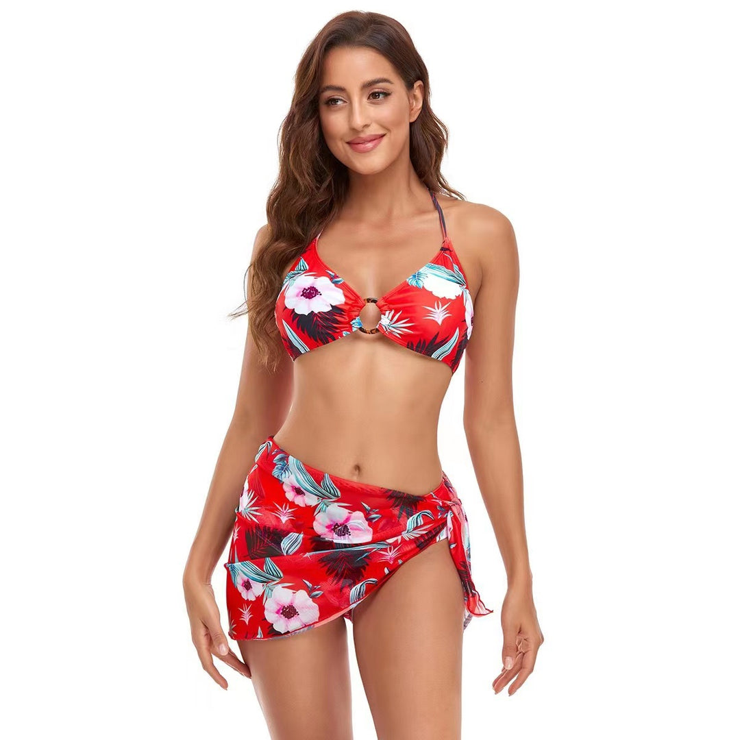 Dame bikini-sæt med moderigtige indpakningsskørt og elegante blomster motiver Stilla