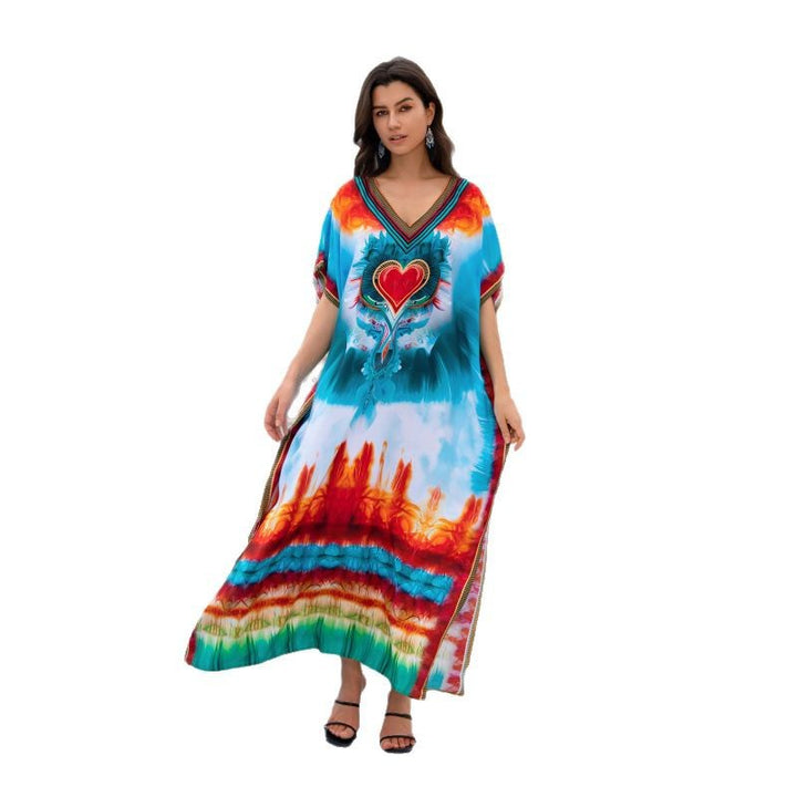 Dame Kaftan med farverigt påfuglmotivet og brede ærmer Stilla