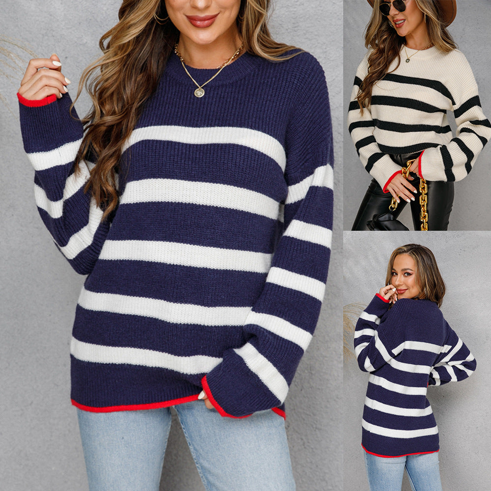 Kvinders strikkede sweater i maritim stribet look Stilla