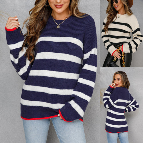 Kvinders strikkede sweater i maritim stribet look Stilla