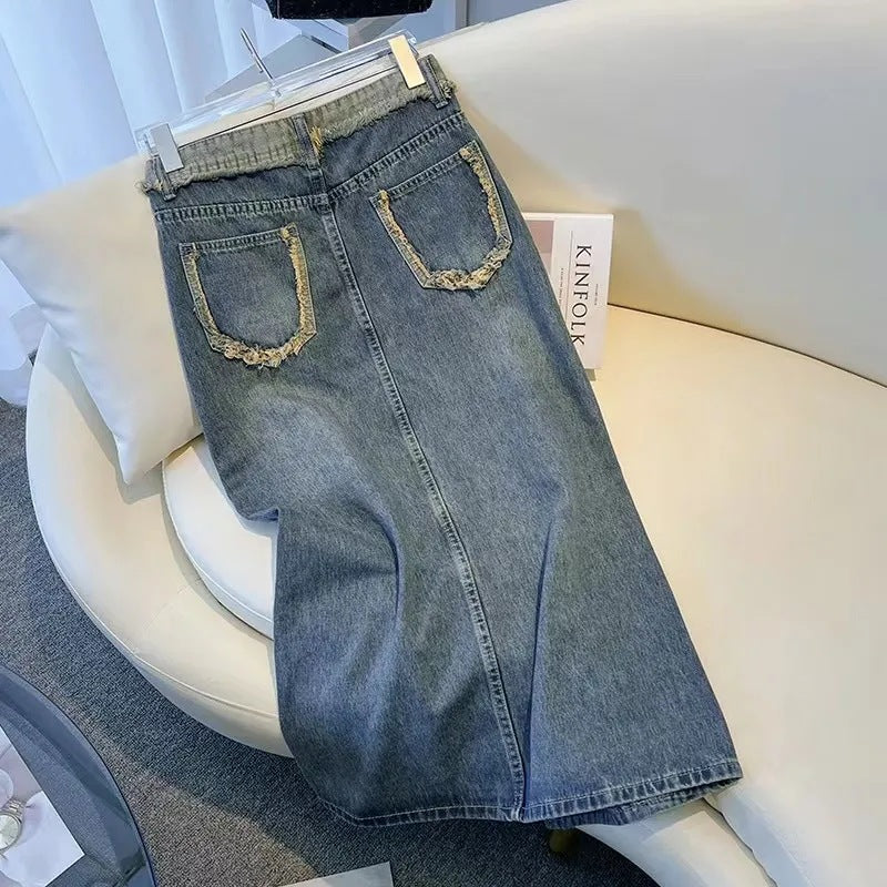 Kvinders stilfulde denim midi nederdel med forkert slids Stilla