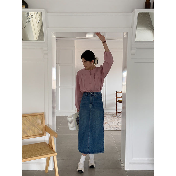 Dames Lang Denim Nederdel med Fashionable Lommer Stilla