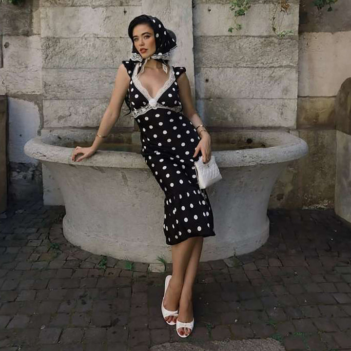 Damer Figursyet Polka-Dot Kjole med Blondeapplikation Skovae
