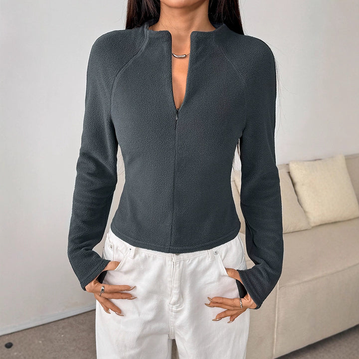 Dame sporty fleece top med høj krave og lynlås Skovae