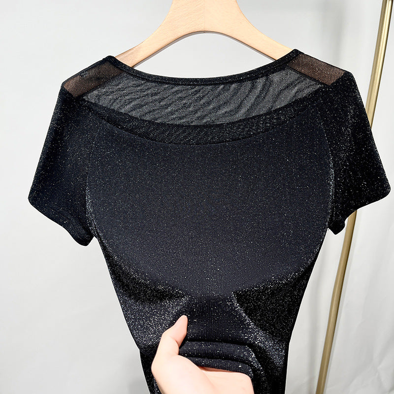 Dame Glitrende Kortærmet T-shirt med elegant Transparentdel Stilla