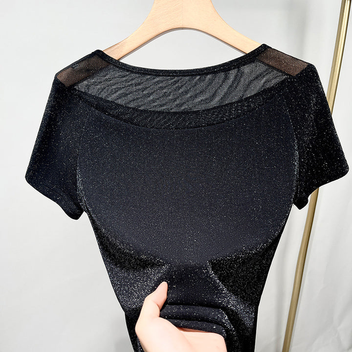Dame Glitrende Kortærmet T-shirt med elegant Transparentdel Stilla