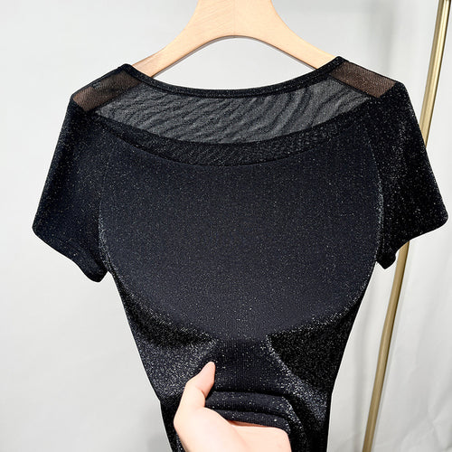 Dame Glitrende Kortærmet T-shirt med elegant Transparentdel Stilla