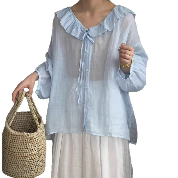 Femme Transparent Ruffle Krave Button-Up Bluse Stilla