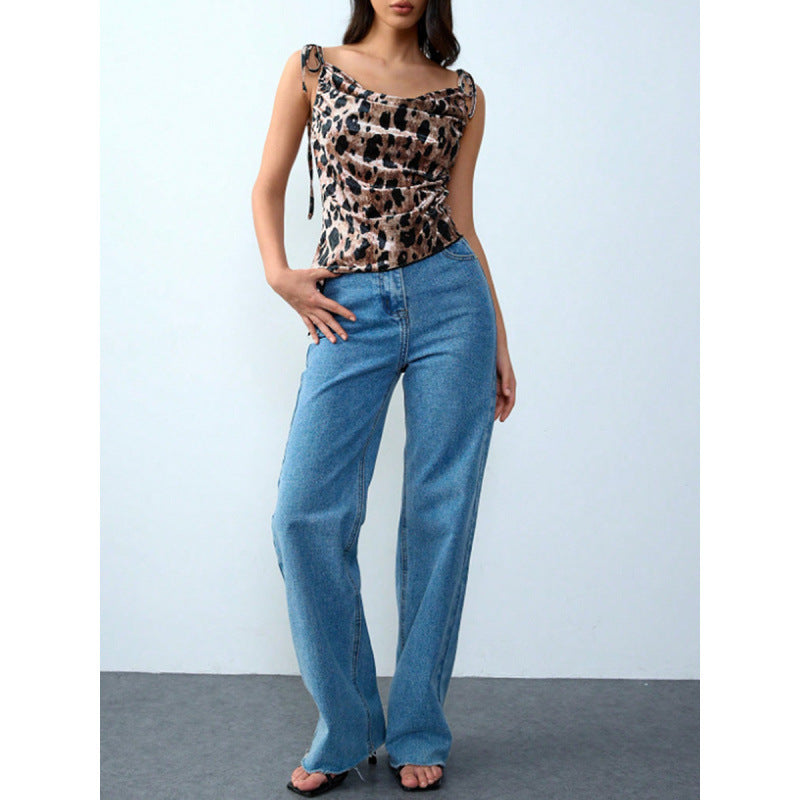 Dame Elegant leopardmønster spaghetti-top med rynket detalje Skovae