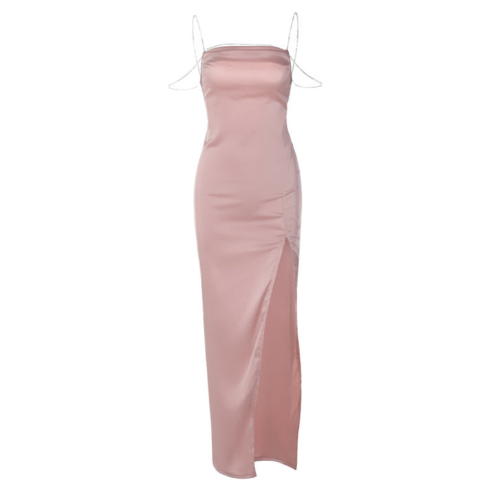 Dame Elegante Satin-maxikjole med siden slids og fine spaghettistropper Stilla