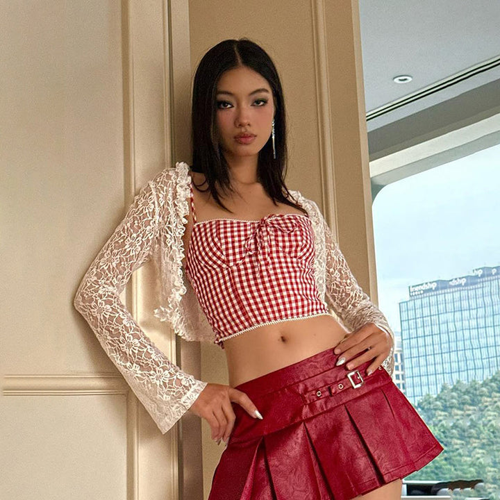 Dame Crop-top med flæse detaljer og ternet mønster Stilla