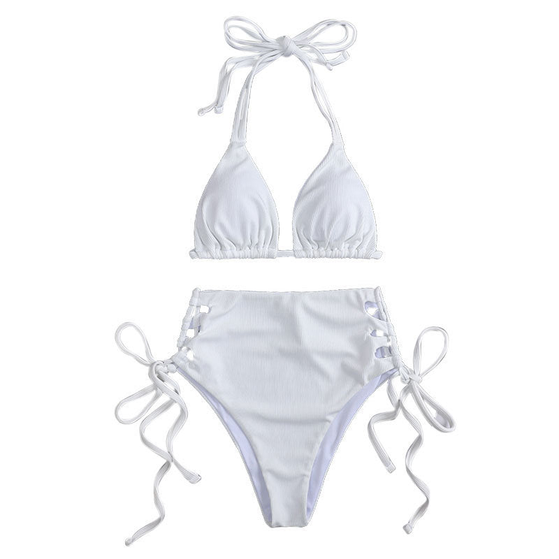 Dame Højtaljeret Bikini-sæt med Ribstruktur og Bindebånd Stilla
