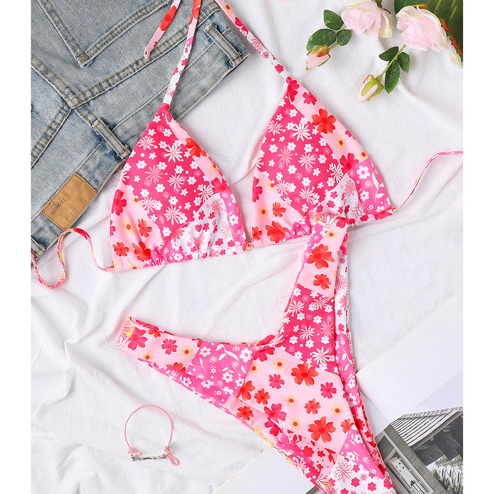Dame Triangel-Bikini med blomstret design og høj benåbning Skovae