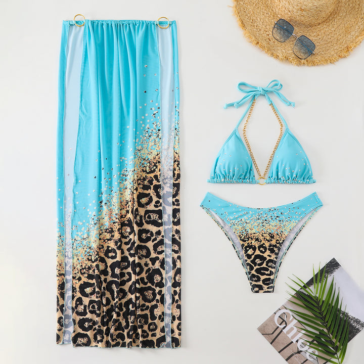 Dame bikini-sæt med feminint leopardmønster og elegant indpakningsklæde Stilla