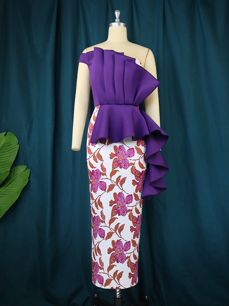 Dame elegant kjole med asymmetrisk flæse design og blomster mønstre Skovae