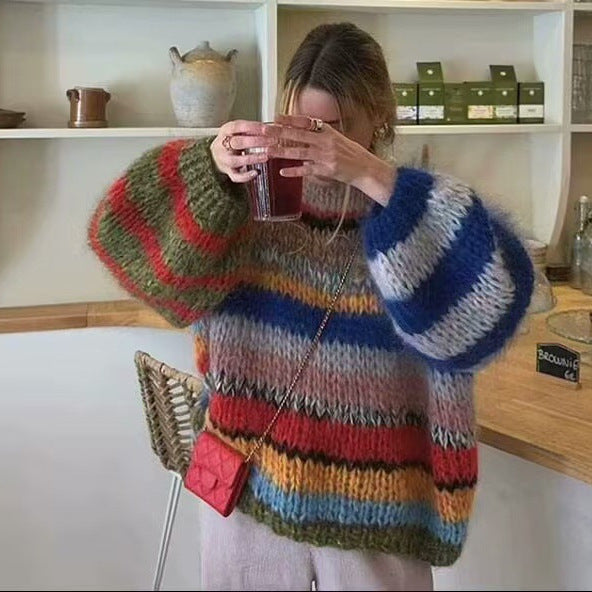 Dame luftig strikpullover i moderne stribet mønster Stilla
