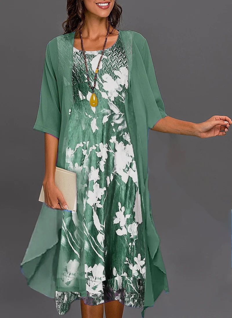 Dame elegant fritidskjole med asymmetrisk kant og floral design Stilla