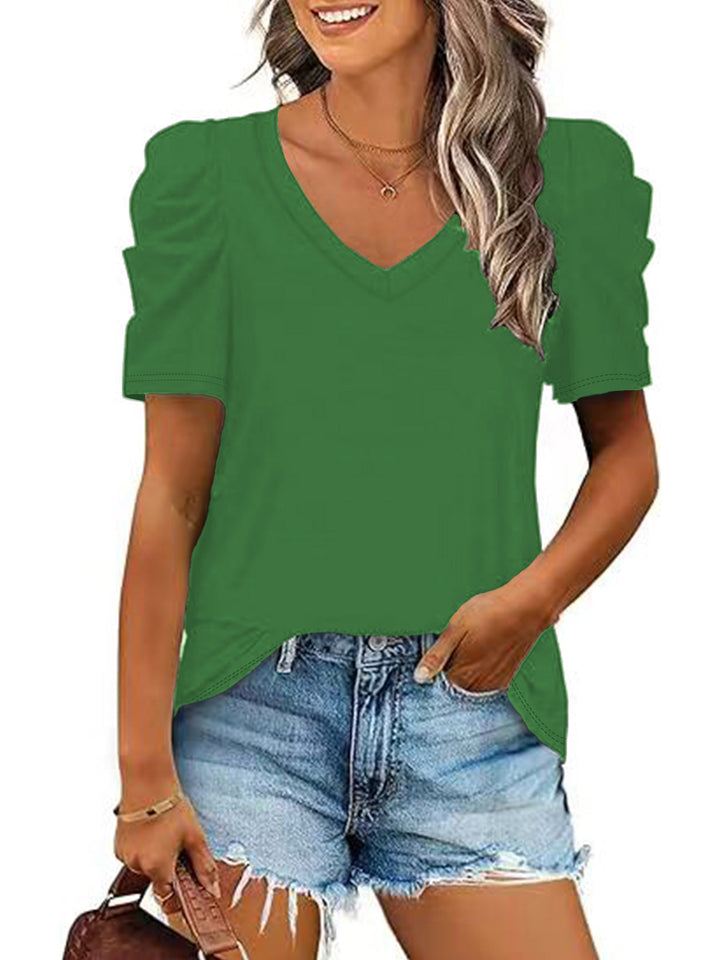 Dame trendy V-hals T-shirt med puffærmer Stilla