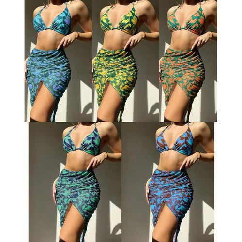 Dame Floral Print Bikini-Ovendel med højt slids Maxiskørt-Sæt Stilla