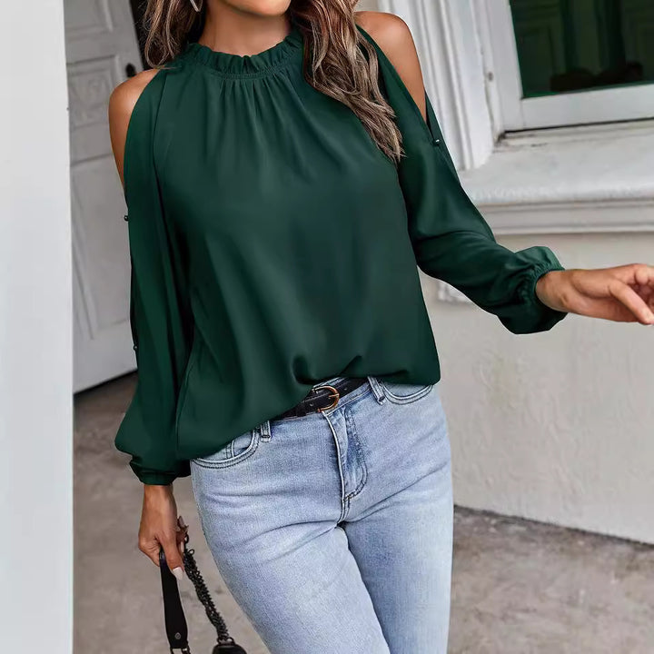 Dame luftig Bluse i Cold-Shoulder-stil med flæsedetaljer Stilla