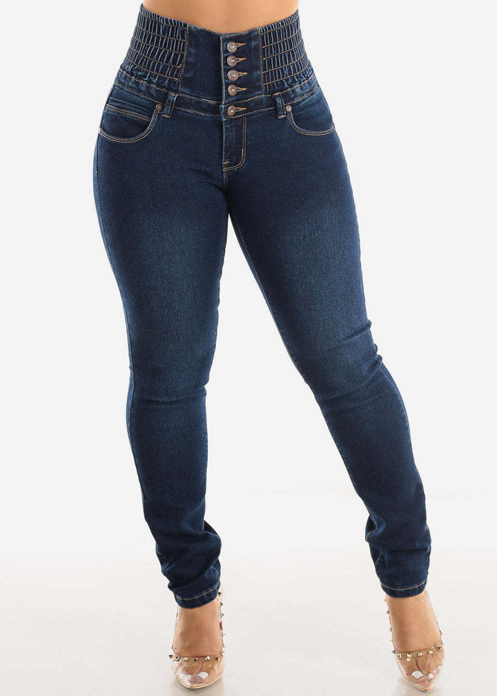Dame High-Waist Jeans i elegant design med knaplukning og elastisk talje Stilla