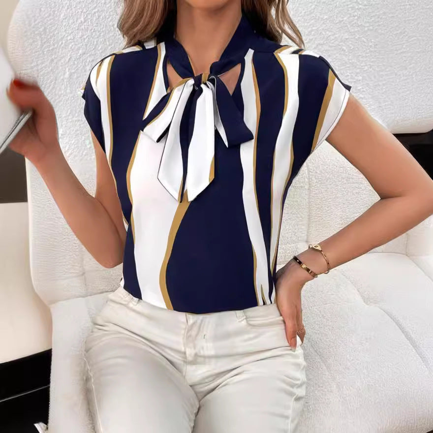 Dame elegant blusenshirt med mode sløjfekrave og grafisk mønster Stilla