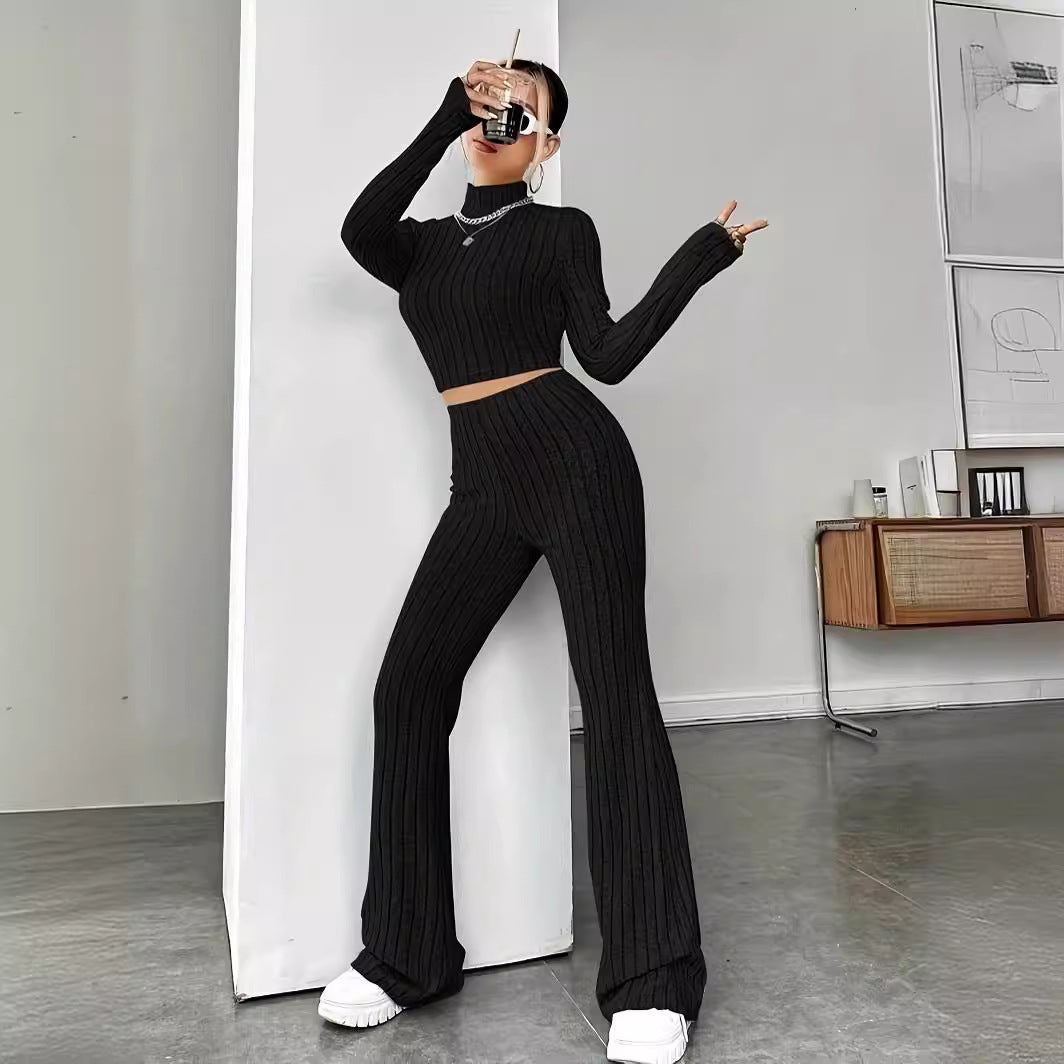 Damer cropped langærmet overdel og bred bukser i ribdesign Stilla