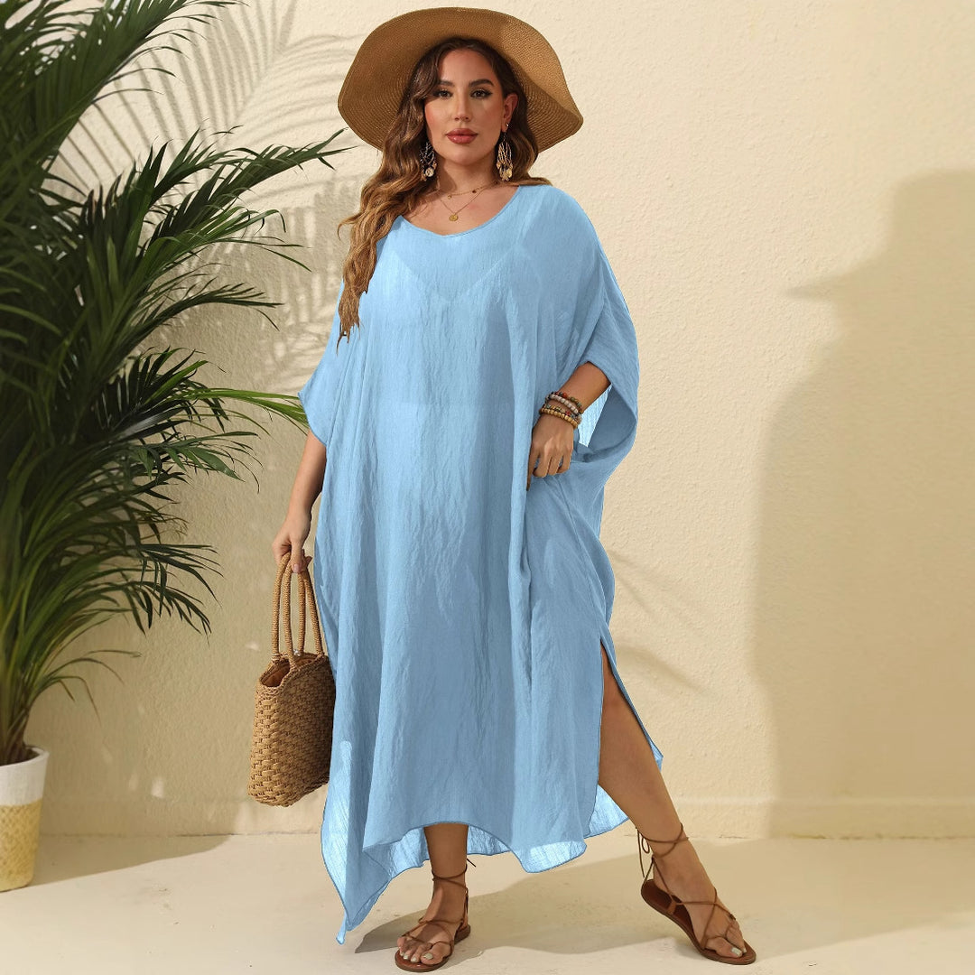 Dame sommerkjole i afslappet kaftan-stil med åben skulderparti Stilla