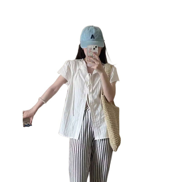 Femme Letvægts Button-Up Skjorte med Bindebånd-Detalje Stilla