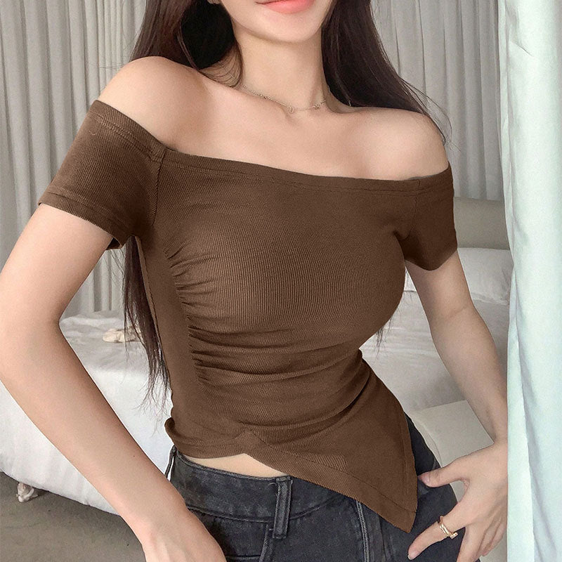 Dame asymmetrisk crop-top med rynkning og ensidig skulderdesign Skovae