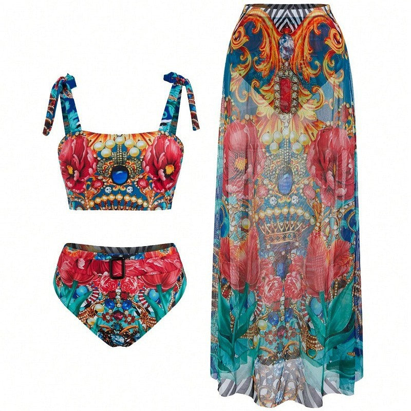 Dame bikini-sæt med elegant maxiskørt og blomsterdesign Stilla