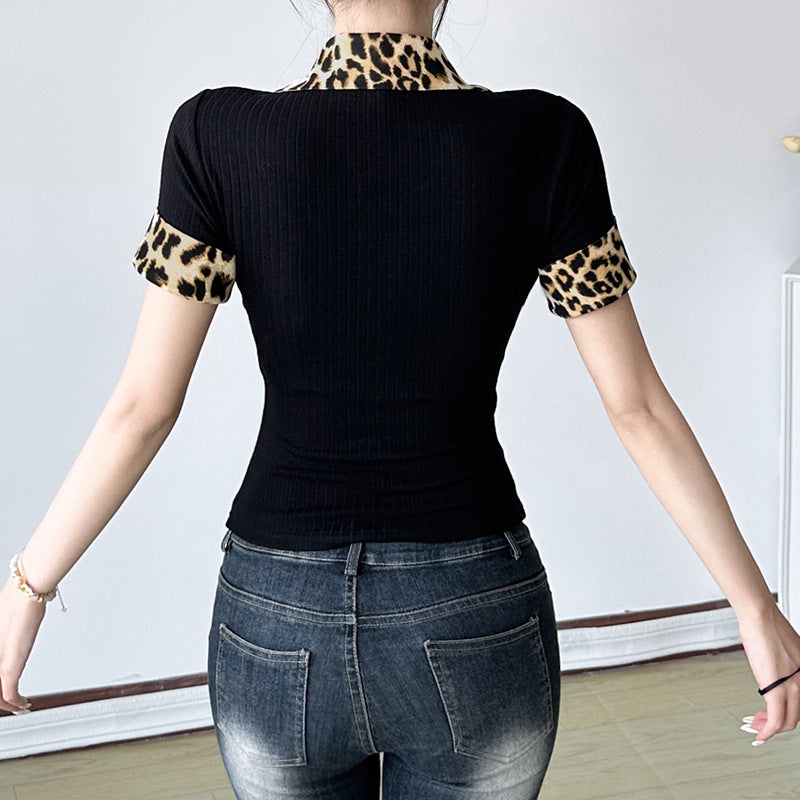Dame polo t-shirt med leopardmønster-detaljer Skovae