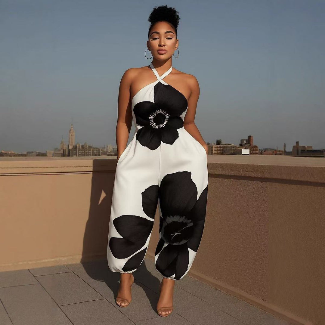 Women Elegant Jumpsuit with Floral Design and Refined Straps Skovae