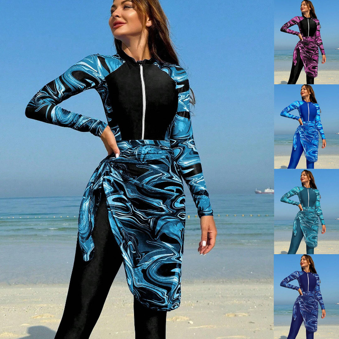 Dame Sporty Langærmet Badedragt med Integreret Wrap Skirt Skovae