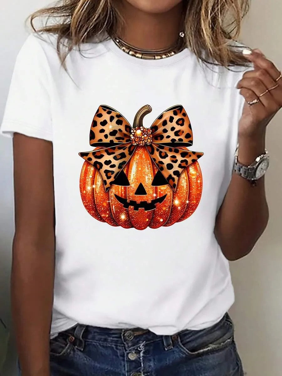 Dame T-shirt med stilfuldt græskar-motiv og spændende dyreprint Skovae