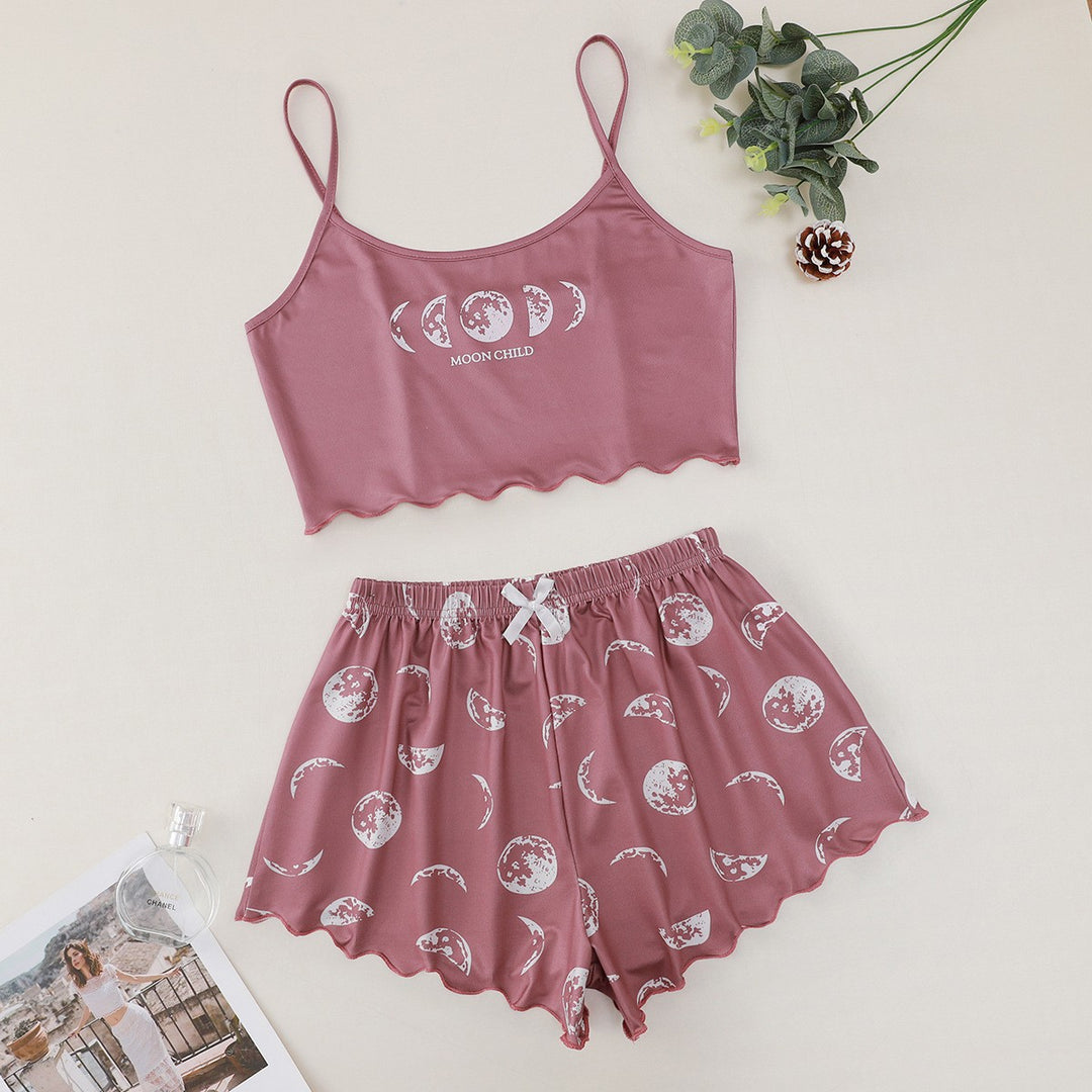 Dame overdel og shorts pyjamas-sæt med månemotiv Stilla