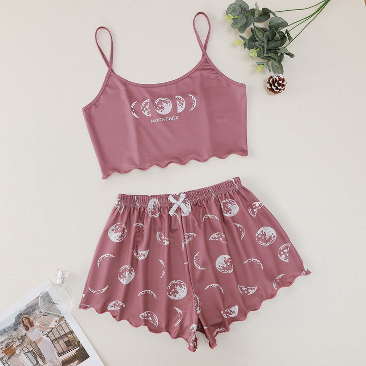 Dame overdel og shorts pyjamas-sæt med månemotiv Stilla