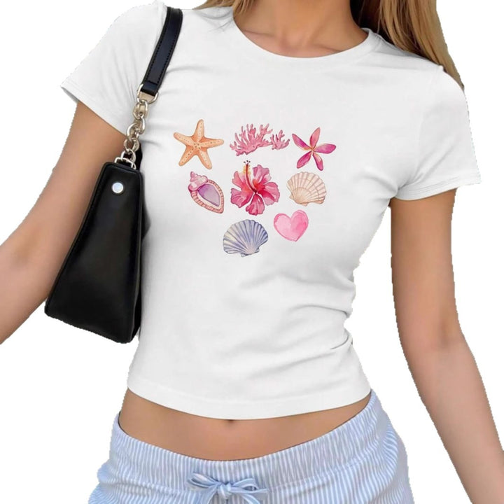 Dame Crop-T-Shirt med maritimt tryk Skovae
