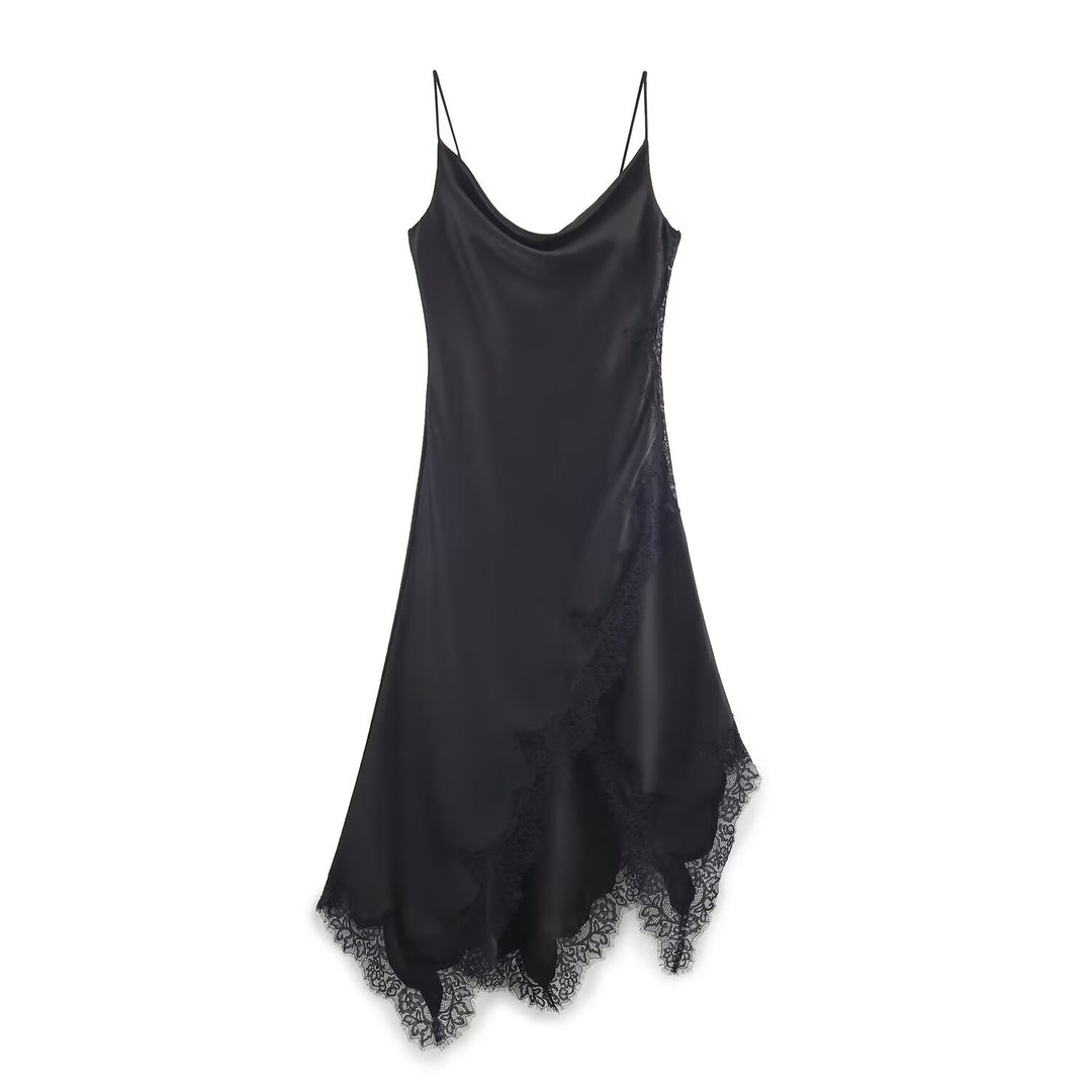 Dame elegant spaghetti-stropkjole med fin blonder og flydende satin Skovae