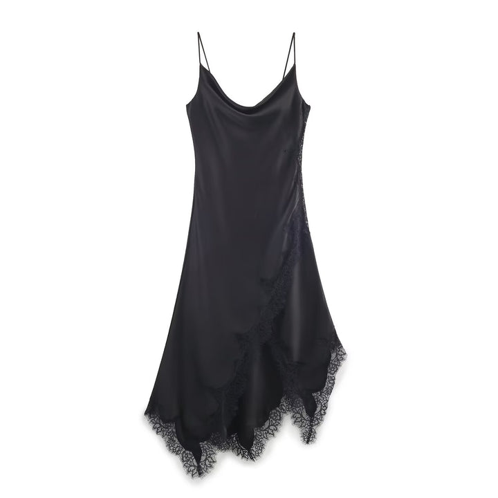 Dame elegant spaghetti-stropkjole med fin blonder og flydende satin Skovae