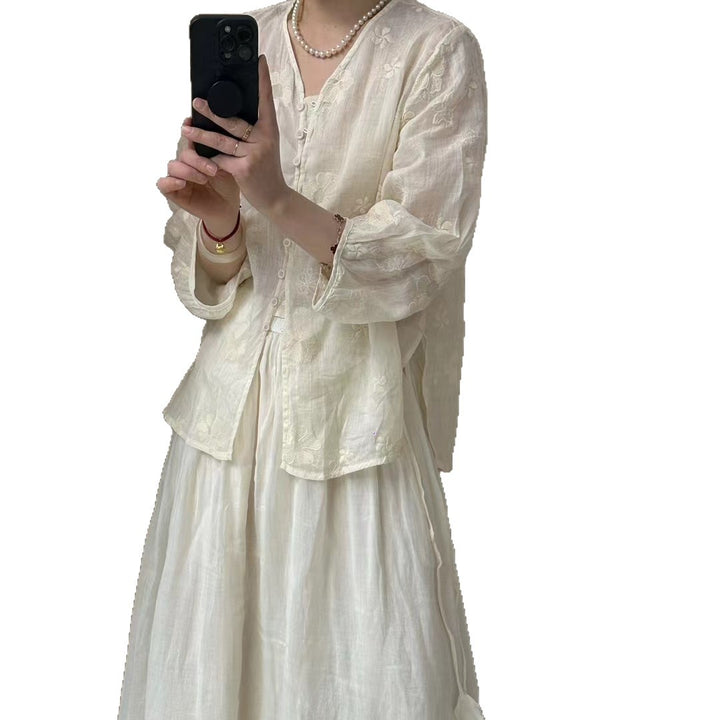 Femme Broderi Flydende Knapliste Bluse Stilla