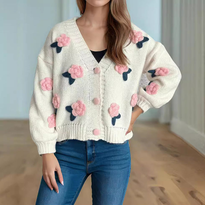 Kvinders hyggelige cardigan med blomster 3D-design og store knapper Stilla