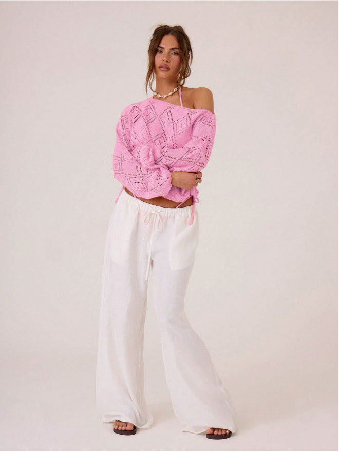 Dame luftig strikpullover med asymmetrisk design og fint mønster Stilla