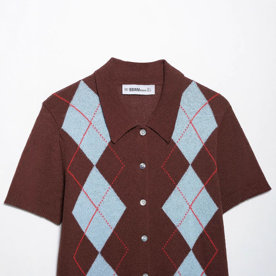 Femme Kortærmet Argyle Strik Button-Up Skjorte Stilla